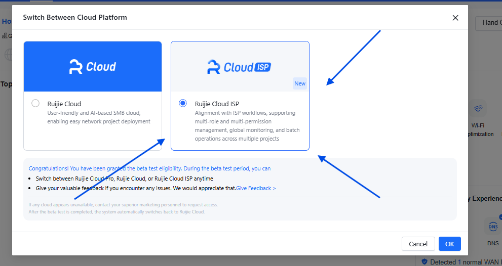 Switch Between Cloud Platform — select Ruijie Cloud ISP
